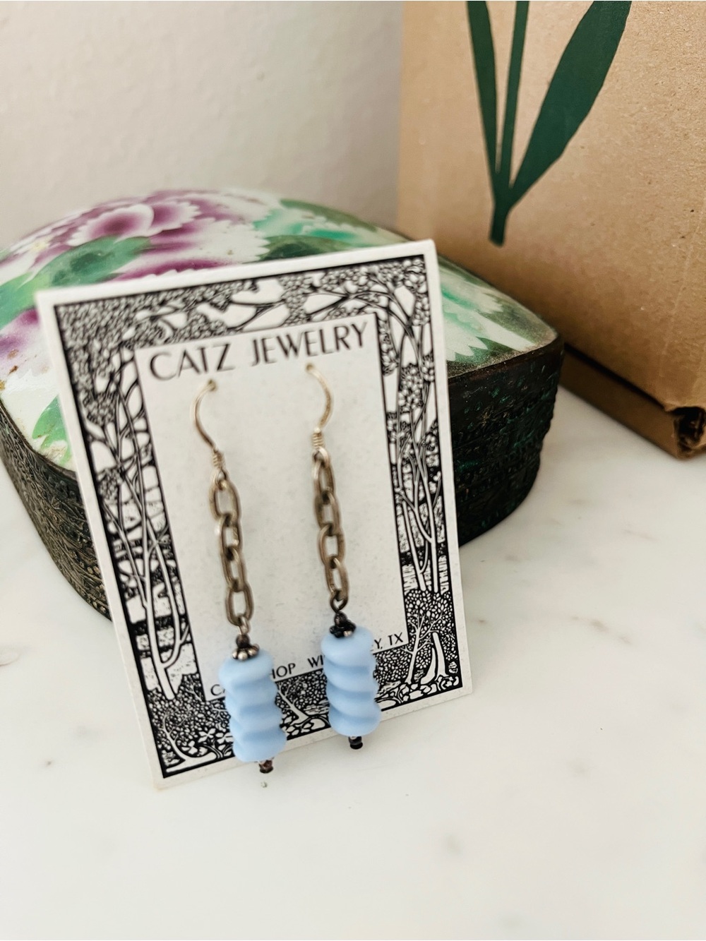 Vintage German Glass & Balinese Bali Silver Chain Earrings Catz Jewelry